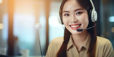 Cheerful asian woman customer support representative ready to assist. call center professional in headset. Created by AI tools photo