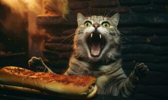 Crazy cat eagerly biting into a hot dog. Created by AI photo