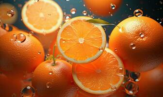 Vibrant oranges float in clear water, illuminated by sunlight. Created by AI photo