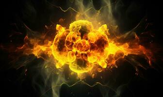 radioactivo un intenso amarillo bola de fuego irradia en contra un rígido negro fondo. creado por ai foto
