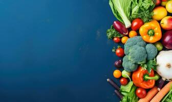 Top view vegetables on deep blue background. Vegetarian organic food banner. Created by AI tools photo