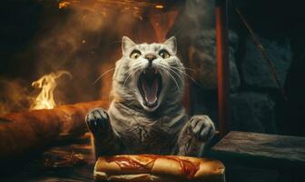 Crazy cat eagerly biting into a hot dog. Created by AI photo