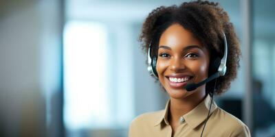Cheerful black woman customer support representative ready to assist. Created by AI tools photo