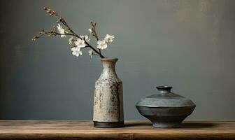 Close-up of a rustic Japanese clay vase in wabi-sabi style. Created by AI photo