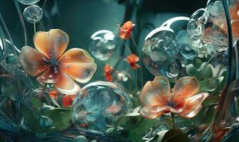 Artistic flower arrangement in a glass vase, bubbles and a glass sphere. Created by AI photo