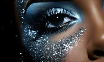 Close up woman's face artistically embellished with silver glitter. Created by AI tools photo