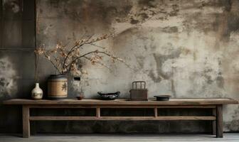 Wabi-sabi interior with vases on a shelf and table, . Created by AI photo
