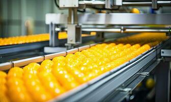 Vibrant oranges on a conveyor belt in a factory. Created by AI tools photo