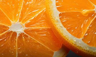 Macro capture of a juicy orange slice with shimmering water droplets. Created by AI photo