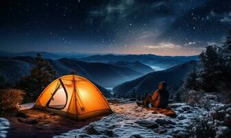 Illuminated tent in snowy mountains under a starry sky. A tranquil alpine camping moment capturing nature's vast splendor. Created by AI tools photo