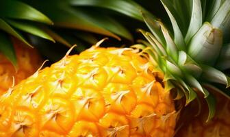 Close-up of vibrant pineapples showcasing their textured skin and prickly tops. Created by AI photo