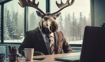 In a vibrant office, a man in a moose costume works confidently. Created by AI photo