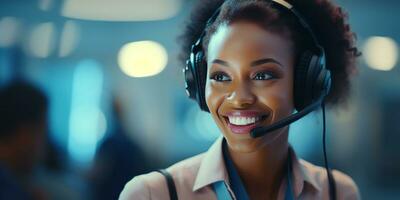 Cheerful black woman customer support representative ready to assist. Created by AI tools photo