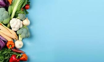 Top view vegetables on blue background. Vegetarian organic food banner. Created by AI tools photo