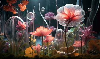 Captivating still life with glowing petals. glassmorphism art. Created by AI photo