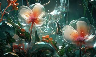 Artistic flower arrangement in a glass vase, bubbles and a glass sphere. Created by AI photo