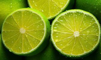 Close-up of fresh lime slices with cascading water droplets, highlighting vibrant green hues. Created by AI photo