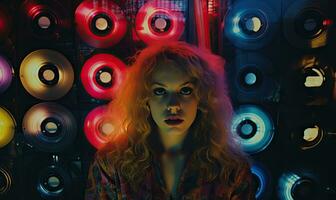 Girl is a movie fan with neon lights and colorful records backdrop. Created by AI photo