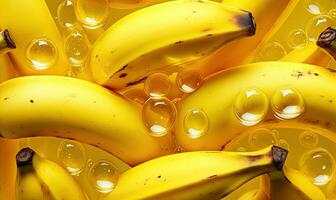 maduro manojo bananas con brillante gotas en un vibrante amarillo fondo. creado por ai foto
