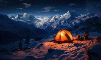 Illuminated tent in snowy mountains under a starry sky. A tranquil alpine camping moment capturing nature's vast splendor. Created by AI tools photo