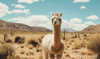 Close-up llama stands tall in a vast Bolivian field. Created by AI photo