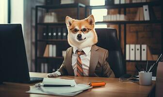 shiba inu perro en un empresario traje se sienta diligentemente a un oficina escritorio, exudando profesionalismo. creado por ai foto