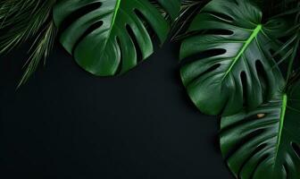 A captivating array of monstera leaves set against a black background. Created by AI photo