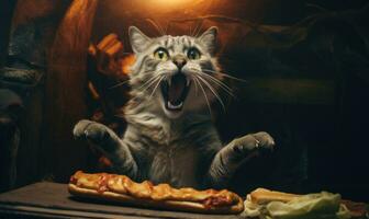 Crazy cat eagerly biting into a hot dog. Created by AI photo