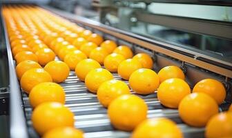 Vibrant oranges on a conveyor belt in a factory. Created by AI tools photo