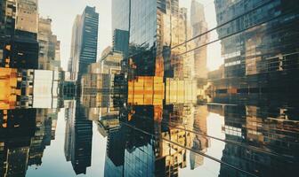 Surreal kaleidoscopic view of towering buildings. Created by AI photo