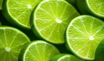 Close-up of fresh lime slices with cascading water droplets, highlighting vibrant green hues. Created by AI photo