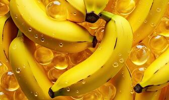 Ripe bunch bananas with glistening droplets on a vibrant yellow backdrop. Created by AI photo