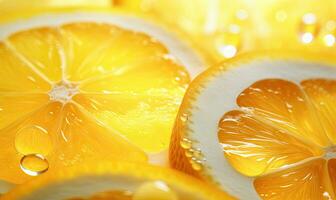 de cerca de un luminoso limón rebanada, radiante frescura en contra un vibrante fondo. creado por ai foto