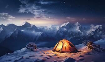 Illuminated tent in snowy mountains under a starry sky. A tranquil alpine camping moment capturing nature's vast splendor. Created by AI tools photo