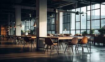Elegant empty coworking environment. Created by AI tools photo