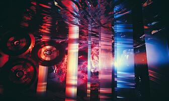 Blurred futuristic room with red and blue lights. Created by AI photo