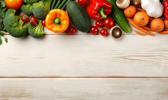 Top view vegetables on light wood background. Copy space. Vegetarian organic food banner. Created by AI tools photo