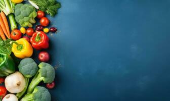 Top view vegetables on deep blue background. Vegetarian organic food banner. Created by AI tools photo