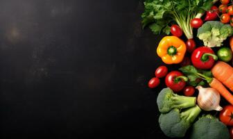 Top view vegetables on black background. Vegetarian organic food banner. Created by AI tools photo