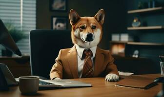 shiba inu perro en un empresario traje se sienta diligentemente a un oficina escritorio, exudando profesionalismo. creado por ai foto