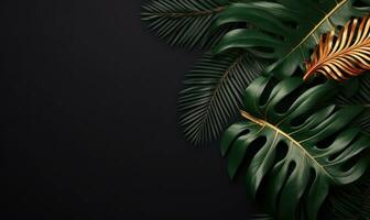 A captivating array of monstera leaves set against a black background. Created by AI photo