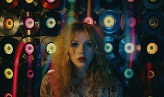 Girl is a movie fan with neon lights and colorful records backdrop. Created by AI photo