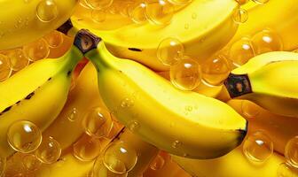 Ripe bunch bananas with glistening droplets on a vibrant yellow backdrop. Created by AI photo