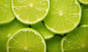 Close-up of fresh lime slices with cascading water droplets, highlighting vibrant green hues. Created by AI photo