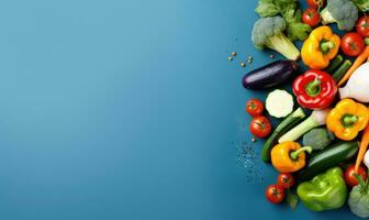 Top view vegetables on deep blue background. Vegetarian organic food banner. Created by AI tools photo