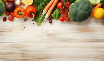 Top view vegetables on light wood background. Copy space. Vegetarian organic food banner. Created by AI tools photo