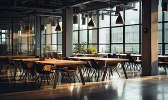 Elegant empty coworking environment. Created by AI tools photo
