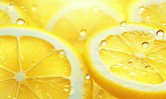 Close-up of a luminous lemon slice, radiating freshness against a vibrant backdrop. Created by AI photo