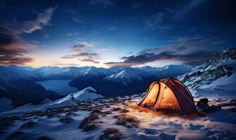 Illuminated tent in snowy mountains under a starry sky. A tranquil alpine camping moment capturing nature's vast splendor. Created by AI tools photo