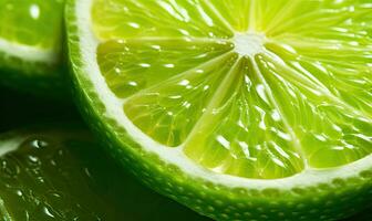 Close-up of fresh lime slices with cascading water droplets, highlighting vibrant green hues. Created by AI photo